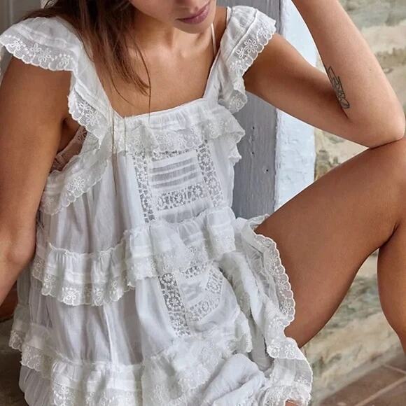 Free People White Lace Prairie Romper Dress Ruffled Cotton Boho - Picture 2 of 8